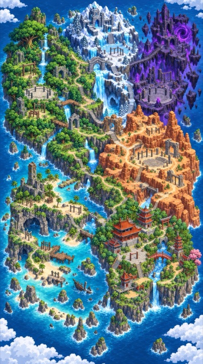 Carte des zones de PullMaxx en pixel art : un dojo, une côte rocheuse, une forêt, un désert de roche rouge, une citadelle enneigée et des ruines violettes flottantes.